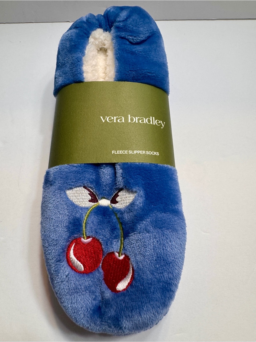 NWT Vera Bradley Fleece Slipper Socks Cherry Picking Blue Faux Gripper Size XXL